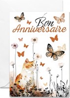 Carte double anniversaire chat roux et papillons