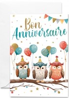 Carte double anniversaire chouettes et ballons sur une branche