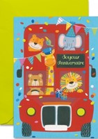 Carte double anniversaire animaux dans un bus londonien