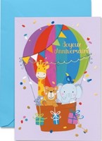 Carte double anniversaire animaux dans une montgolfière