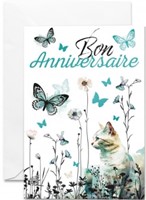 Carte double anniversaire chat blanc et papillons