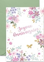 Carte double anniversaire petites fleurs dessinées sur fond blanc