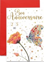 Carte double anniversaire papillon et fleur en points colorés