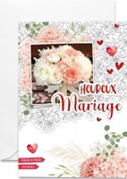 Carte double mariage bouquet blanc et rose sur motifs floraux dessinés