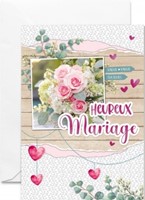 Carte double mariage bouquet de roses roses, fond bois et cœurs