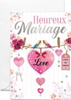 Carte double mariage cœur rose et oiseaux sur fond blanc