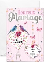 Carte double mariage cœurs blancs et oiseaux sur fond rose