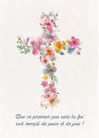 Carte postale communion croix de fleurs en aquarelle