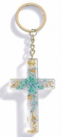 Porte-clé croix avec inclusions de fleurs - turquoise