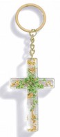 Porte-clé croix avec inclusions de fleurs - vert