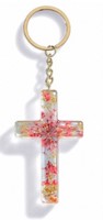 Porte-clé croix avec inclusions de fleurs - rouge