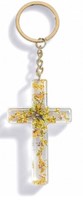 Porte-clé croix avec inclusions de fleurs - jaune