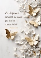 Carte avec verset papillons en or sur fleurs en marbre blanc