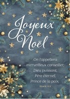 Carte postale Joyeux Noël avec verset branches de sapins, étoiles et fleurs dorées