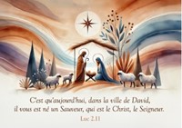 Carte postale Joyeux Noël avec verset crèche en aquarelle multicolore