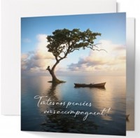 Carte double condoléances arbre et barque au milieu d'un lac