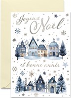 Carte double Noël et fin d'année village de Noël à l'aquarelle