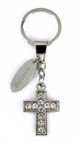 Porte-clé Croix métal avec strass "Believe"