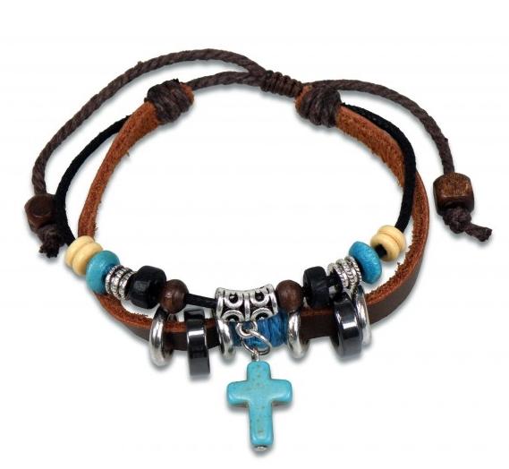 Bracelet cuir avec perles et pendentif croix en verre