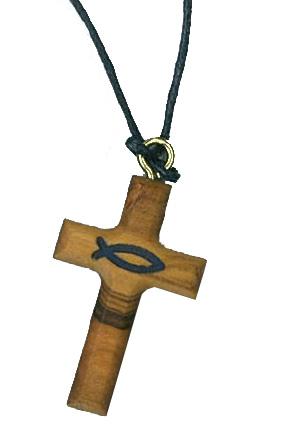 Pendentif croix bois ichtus 3018 mm