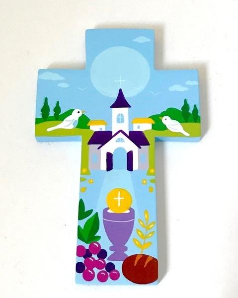 Croix en bois, communion, bleue