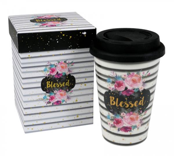 Tasse gobelet avec couvercle "Blessed" dans sa boite cadeau