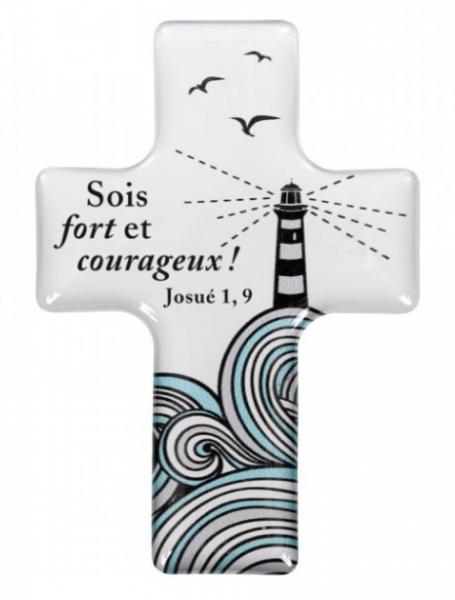 Magnet croix avec joli motif phare et texte: "Sois fort et courageux !" Jo 1.9