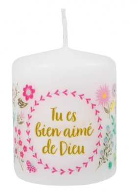 Bougie avec motif  "Fleurs" et le texte : "Tu es bien aimé de Dieu".