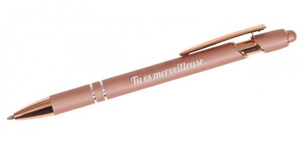 Stylo à bille rose gold en aluminium avec le texte Tu es merveilleuse