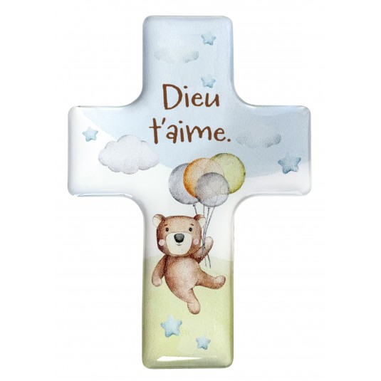 Magnet décoratif croix "Ourson" avec le texte "Dieu t'aime."