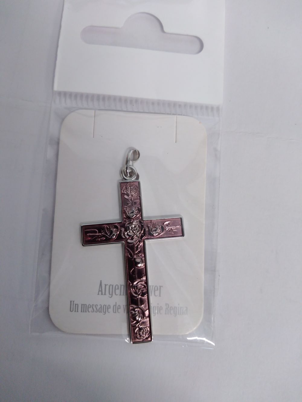 Croix rose emaillé rose-laiton argent 925% 30 mm