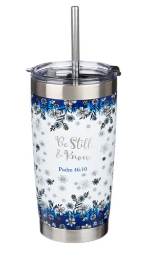 Mug  de voyage en acier inoxydable Be Still and Know - Pslam 46 : 10   avec paille réutilisable