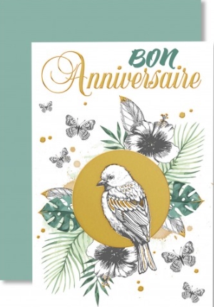 Carte double anniversaire oiseau, papillons sur fond vert