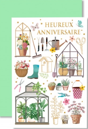 Carte double anniversaire outils de jardinage bottes Oui, le Seigneur est bon, et son amour n’a pas de fin. Ps 100.5