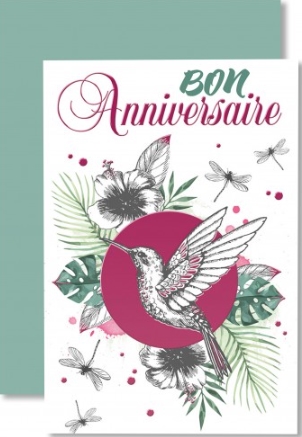 Carte double anniversaire oiseau, libellules sur fond violet