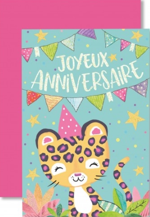 Carte double anniversaire Tigre tâches roses sur fond vert