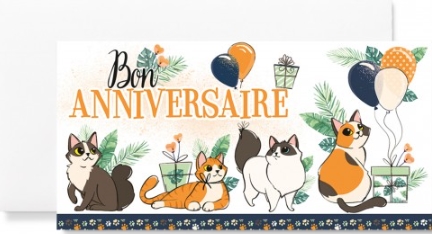 Carte double maxi anniversaire chats, ballons et cadeaux Lam 3. 22-23