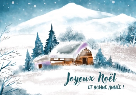 Carte postale Joyeux Noël et Bonne Année aquarelle d'une maison dans un paysage enneigé