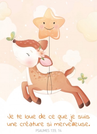 Carte postale pour les enfants avec verset dessin d'un faon accroché à un ballon étoile