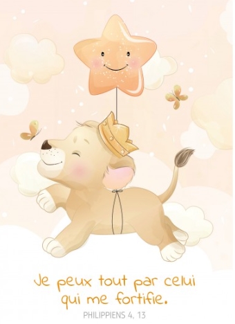 Carte postale pour les enfants avec verset dessin d'un lionceau accroché à un ballon étoile