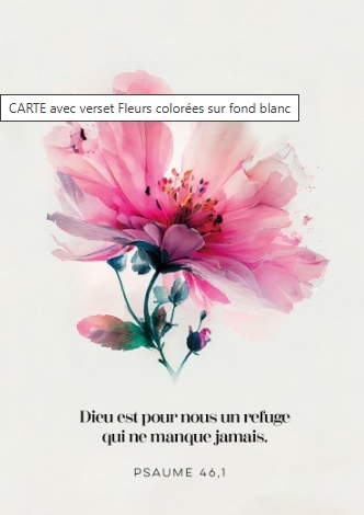 Carte postale avec verset fleurs colorées sur fond blanc