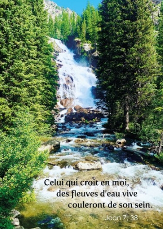 Carte postale avec verset cascade d'eau dans une forêt