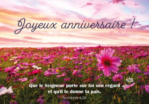 Carte postale anniversaire avec verset champ de fleurs roses au coucher du soleil