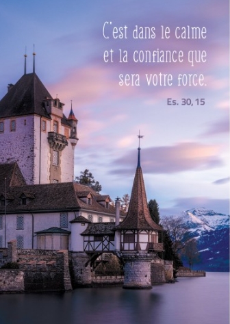 Carte postale avec verset château au bord d'un lac