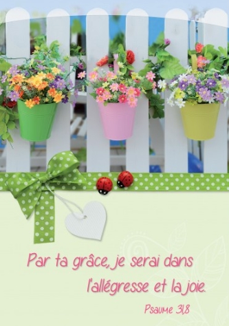 Carte postale avec verset pots de fleurs sur une barrière