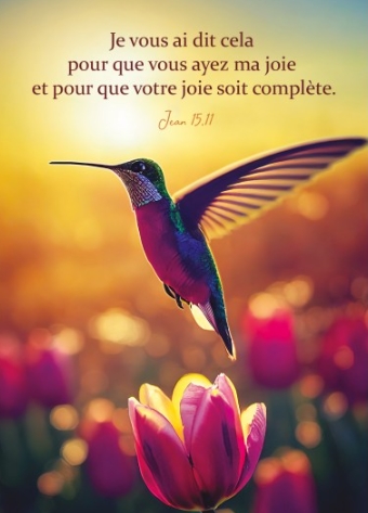 Carte postale avec verset colibri au dessus de fleurs