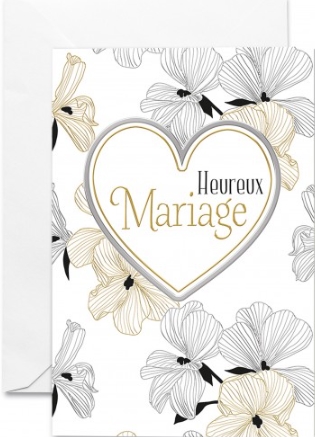 Carte double mariage coeur argenté sur fond blanc
