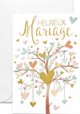 Carte double mariage arbre vieux rose avec coeurs assortis et dorés