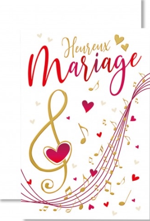 Carte double mariage note de musique dorée et coeurs rouges