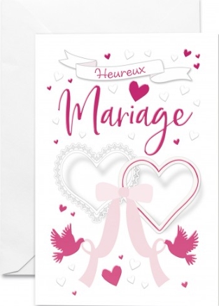 Carte double mariage coeurs attachés, tenus par deux colombes